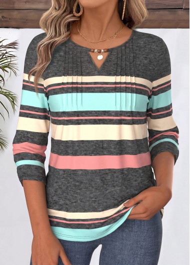 women clothes image of Multi Color Striped Shirred 3/4 Sleeve Blouse
