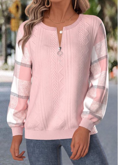 women clothes image of Light Pink Plaid Button Long Sleeve Sweatshirt