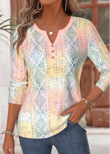 women clothes image of Multi Color Geometric Print Curved Hem T Shirt