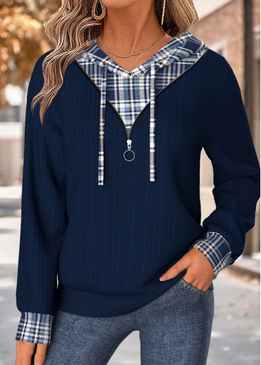 women clothes image of Navy Plaid Zipper Long Sleeve Hoodie