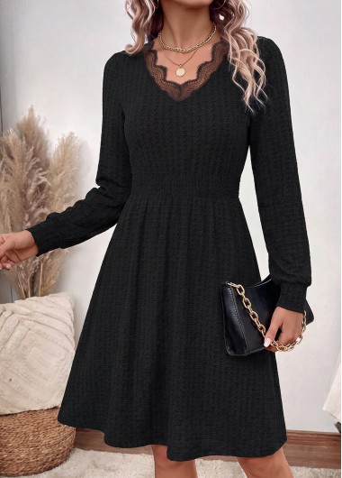 women clothes image of Black Smocked Long Sleeve V Neck Dress