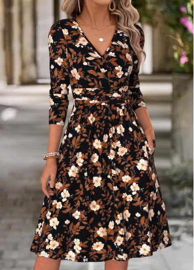women clothes image of Multi Color Floral Print Surplice Long Sleeve Dress