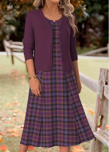women clothes image of Purple Plaid Two-piece Long Sleeve Dress and Cardigan