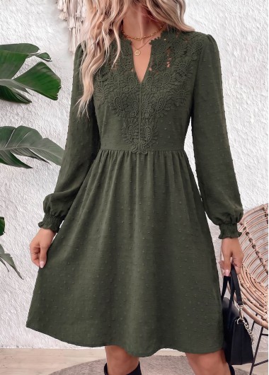 women clothes image of Sage Green Smocked Long Sleeve Split Neck Dress