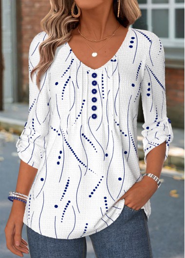 women clothes image of White Geometric Print Tuck Stitch Long Sleeve Blouse