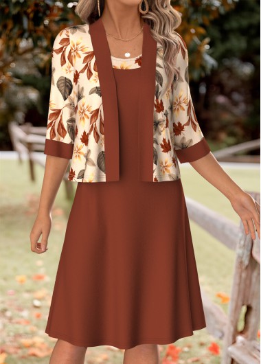 women clothes image of Gray Brown Plants Print Tummy Coverage Dress and Cardigan