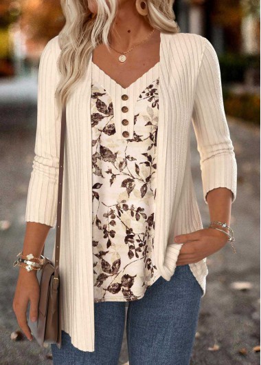 women clothes image of Beige Leaf Print Long Sleeve Fake Two Piece Twinset