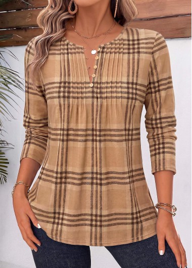 women clothes image of Light Coffee Plaid Handkerchief Hem Long Sleeve Blouse