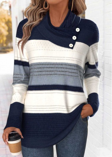 women clothes image of Navy Geometric Print Curved Hem Long Sleeve T Shirt