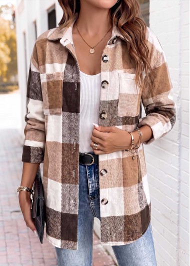 women clothes image of Light Camel Patch Pocket Plaid Long Sleeve Coat