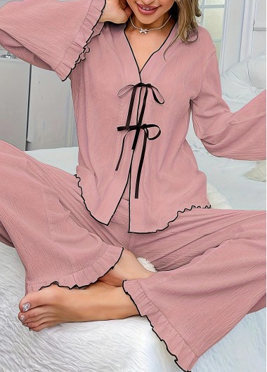 women clothes image of Pink Long Sleeve V Neck Lounge Top and Pants
