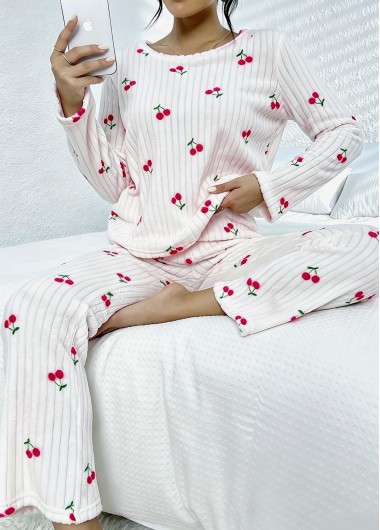 women clothes image of Beige Fruit Printing Long Sleeve Lounge Top and Pants