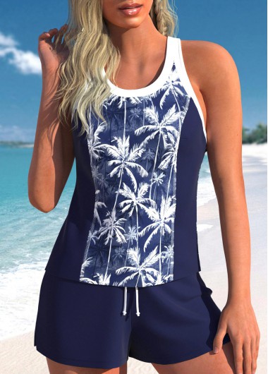 women clothes image of Navy Mid Waisted Bowknot Tropical Plants Print Tankini Set