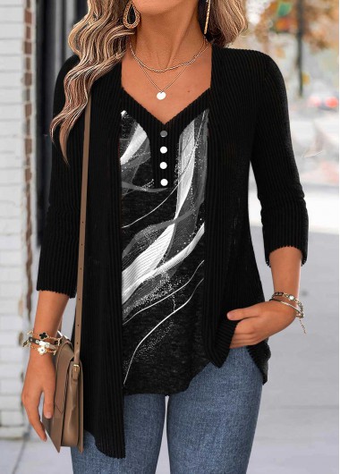 women clothes image of Black Geometric Print 3/4 Sleeve Fake Two Piece Twinset
