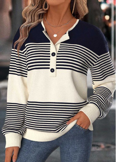 women clothes image of Navy Striped Tummy Coverage Long Sleeve Split Neck Sweatshirt