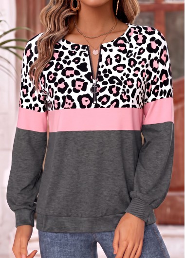women clothes image of Pink Leopard Tummy Coverage Long Sleeve Round Neck Sweatshirt