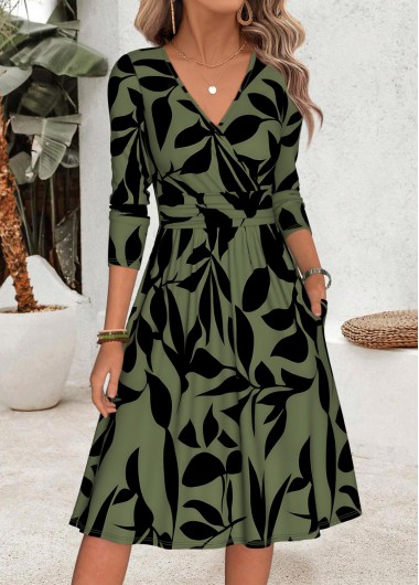 women clothes image of Sage Green Leaf Print Shirred Long Sleeve Dress