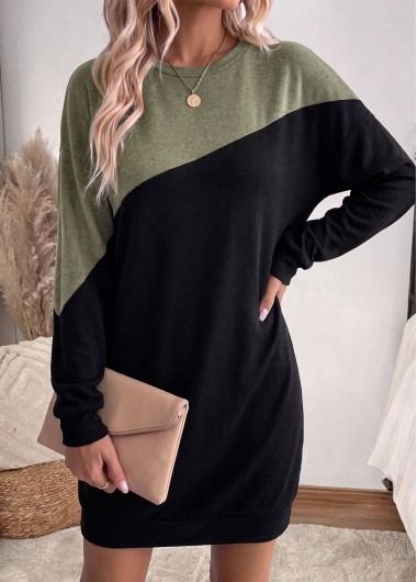 women clothes image of Black Short Patchwork Long Sleeve Round Neck Dress