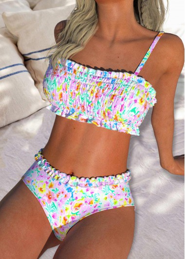 women clothes image of Multi Color Mid Waisted Frill Bikini Set