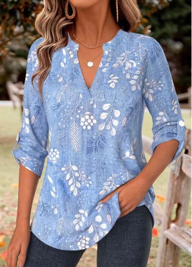 women clothes image of Blue Leaf Print Curved Hem Long Sleeve Shirt