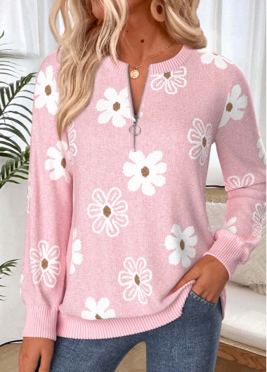 women clothes image of Pink Floral Print Zipper Long Sleeve Round Neck Sweatshirt