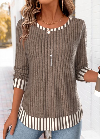 women clothes image of Dark Coffee Striped Fake 2in1 Long Sleeve T Shirt