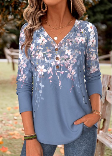women clothes image of Blue Floral Print Curved Hem Long Sleeve T Shirt