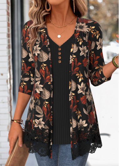 women clothes image of Black Leaf Print Long Sleeve Fake Two Piece Twinset