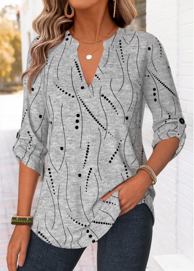 women clothes image of Light Grey Marl Geometric Print Curved Hem Shirt