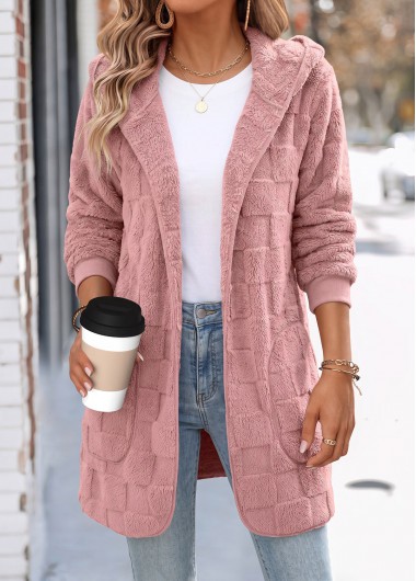 women clothes image of Dusty Pink Double Side Pockets Long Sleeve Hooded Coat