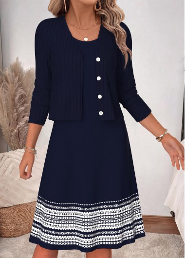 women clothes image of Navy Striped Two-piece Long Sleeve Dress and Cardigan