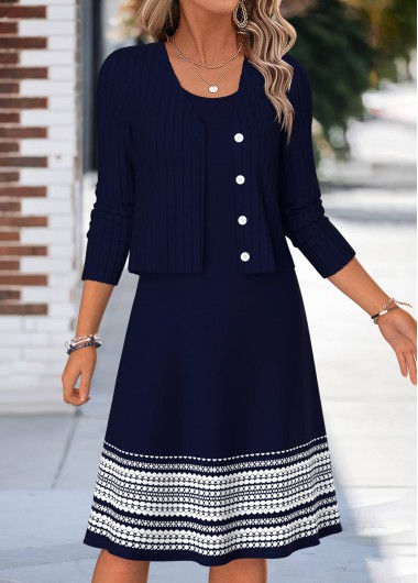 women clothes image of Navy Striped Two-piece Long Sleeve Dress and Cardigan
