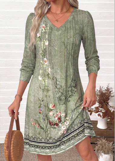 women clothes image of Sage Green Random Floral Print Short Tuck Stitch Dress