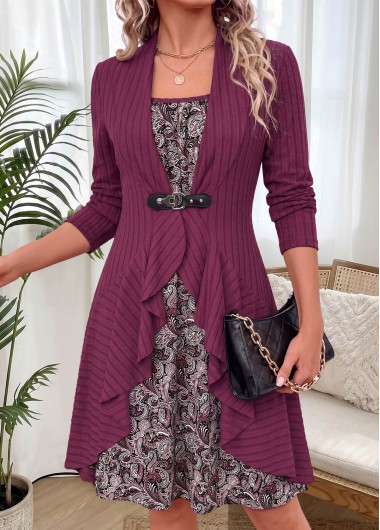 women clothes image of Dark Reddish Purple Paisley Print Two-piece Dress and Cardigan