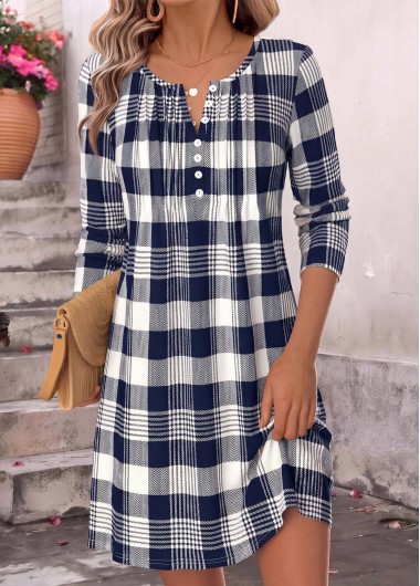 women clothes image of Navy Plaid Short Tuck Stitch Long Sleeve Dress