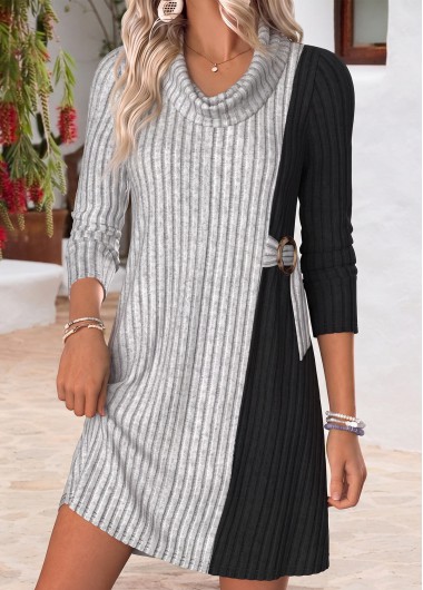 women clothes image of Grey Short Patchwork Long Sleeve Cowl Neck Dress