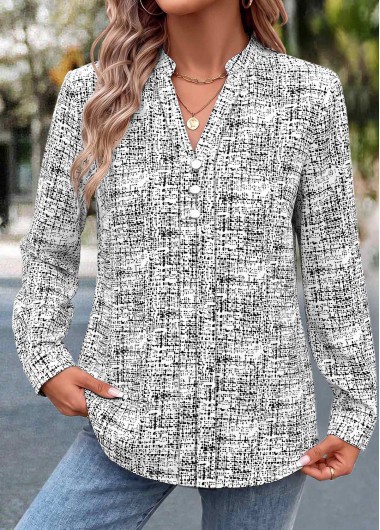 women clothes image of White Geometric Print Patchwork Long Sleeve Split Neck Blouse
