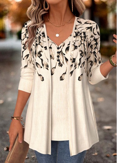 women clothes image of Beige Floral Print Fake Two Piece Twinset
