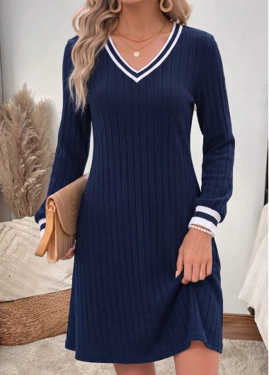 women clothes image of Navy Short Patchwork Long Sleeve V Neck Dress
