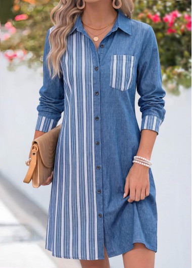 women clothes image of Denim Blue Striped Short Patchwork Long Sleeve Dress