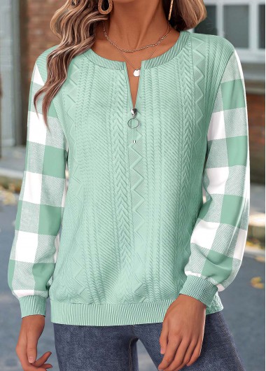 women clothes image of Sage Green Plaid Button Long Sleeve Sweatshirt