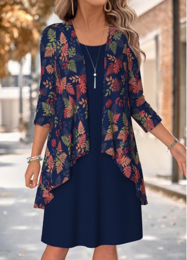 women clothes image of Navy Leaf Print Two-piece Long Sleeve Dress and Cardigan