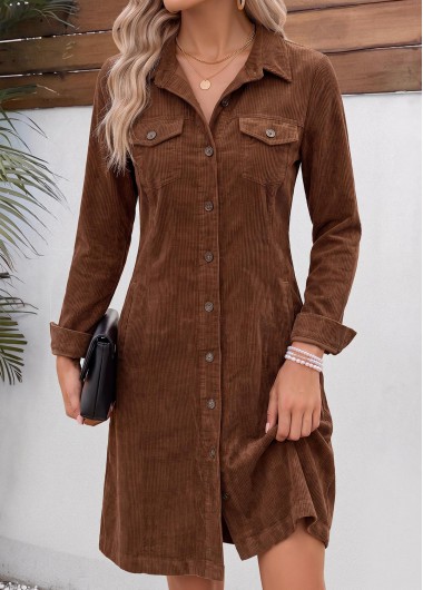 women clothes image of Dark Coffee Short Patch Pocket Long Sleeve Dress