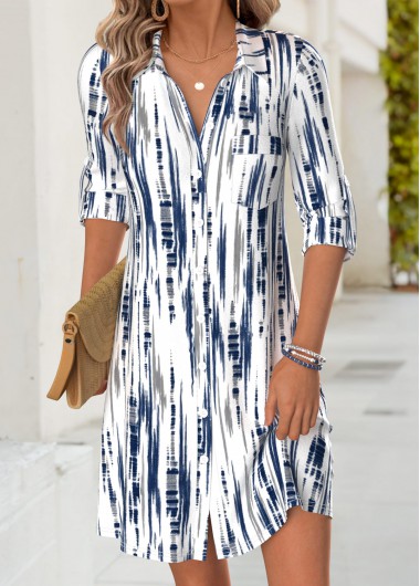 women clothes image of Blue Geometric Print Short Tummy Coverage Long Sleeve Dress