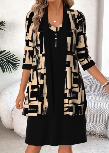 women clothes image of Black Geometric Print Tummy Coverage Dress and Cardigan