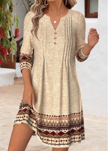 women clothes image of Light Camel Tribal Print Short Tuck Stitch Dress