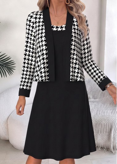 women clothes image of Black Geometric Print Tummy Coverage Dress and Cardigan