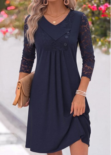women clothes image of Navy Short Shirred Long Sleeve Asymmetrical Neck Dress