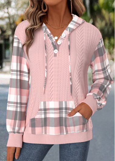 women clothes image of Pink Plaid Kangaroo Pocket Long Sleeve Split Neck Hoodie