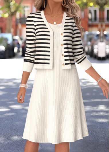 women clothes image of Beige Striped Two-piece Long Sleeve Dress and Cardigan